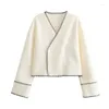 سترات نسائية Yenkye Women Patchwork Short Scend Cross v Neck Long Sleeve Female Louge Coat