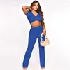 Women's Two Piece Pants Solid Elegant Knit Rib 2 Set Y2K Clothes For Women Short Sleeve V-neck Crop Top And Club Party Matching Sets Outfits