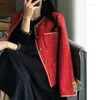 Vestes Femmes Rouge Tweed Blazers Femmes Automne Hiver Lâche O-Cou Costume Veste Femme Style Coréen Élégant Lady Manteaux