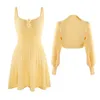 Arbetsklänningar stickade puffhylsa gul miniklänning kvinnor tvådelar fairy tröjor vinter fest natt damer kawaii set