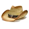 Bérets A158 rétro été chapeaux de soleil filles raphia grand bord plage évider chapeau de cowboy grande ceinture en cuir de vache taille réglable