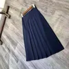 Skirts Solid Color Triacetate Navy Blue Pleated Casual Women Skirt