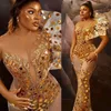 2024 Plus Size Aso Ebi Vestidos de Baile Luxuoso Espelho Lantejoulas Ilusão Vestido Formal de Noite para Ocasiões Especiais Tule Africano Árabe Vestidos de Festa de Aniversário NL042