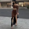 Work Dresses PU Leather Slim Suit For Women One Shoulder Crop Top Wrapped Slit Long Skirt Clubwear Sexy Outfits Fashion 2 Piece Sets