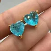 Stud Earrings Exquisite Inlaid With Sea Blue Zircon Heart For Women Fashion Gold Color Engagement Wedding Jewelry