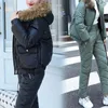 Dames Trenchcoats Informeel Warm dons Katoenen capuchon 2-delige sets Koreaanse dikke korte parka-jas Conjuntos Sneeuwkleding Hoge taille Windschermbroek