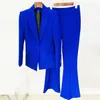 Women's Two Piece Pants HIGH STREET Est 2023 Designer Runway Suit Set Women's Single Button Slim Fitting Blazer Flare Royal Blue