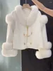 Abrigo de piel sintética a la moda para mujer, abrigos cortos elegantes con cuello en V y manga larga, chaqueta de mujer para oficina holgada sólida de lujo cálida para invierno