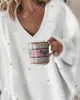 Женские свитера, украшенный бисером, декоративный пышный топ с длинными рукавами, женский весенне-летний пуловер с v-образным вырезом и жемчугом, однотонный свободный модный свитер-рубашка