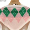 Frauen Strick rosa gestrickte Strickjacke Pullover Frauen 2024 Frühling Herbst Vintage Mode O-Neck Long Ärmeln fauler Stil Weiche Argyle-Pullover