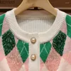 Frauen Strick rosa gestrickte Strickjacke Pullover Frauen 2024 Frühling Herbst Vintage Mode O-Neck Long Ärmeln fauler Stil Weiche Argyle-Pullover