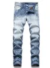 Jeans pour hommes Trendy Blue Lettre Imprimer pour hommes Lâche Stretch Droit Slim Denim Pantalon Printemps Automne Street Vêtements