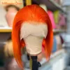 Orange Short Straight Bob Wig 13x4 Transparent Lace Frontal Human Hair Wigs 180 Density For Black Woman