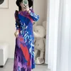 Robes décontractées Miyake plissé imprimé femmes robe de mode col rond manches longues lâche plus taille design soirée fête