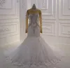 2024 Luxe Zeemeermin Trouwjurk Hoge Hals Kristal Kralen 3D Kant Bloemen Saudi Arabische Custom Made Vrouwen Bruid Formele Toga vestidos De Novia