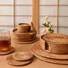 Masa Paspasları Yuvarlak Doğal Rattan Coasters Kase Pad El Yapımı Pilding Bardak Mat Yalıtım Placemats Mutfak Dekorasyon Aksesuarları Placemat