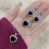 Collana Orecchini Set Donna coreana Elegante Zaffiro del mare profondo a forma di cuore Argento sterling 925 Anello a tre pezzi Regalo per amiche