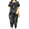 Women's Two Piece Pants 2 Pcs/Set Trendy Women Top Trousers Set Geometric Print Soft Summer T-shirt Cropped