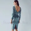 Party Dresses Shiny Sequins Cocktail Dress Scoop Neck Long Sleeve Knee-Length Sheath Sexy Open Back And Slit Women Short Gowns For