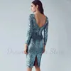 Robes de soirée paillettes brillantes robe de cocktail encolure dégagée manches longues genou longueur gaine sexy dos ouvert et fente femmes robes courtes pour