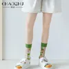 CHAOZHU – chaussettes transparentes pour femmes, 1 paire, motifs floraux, printemps et été, Art mignon, tuyau en soie douce, pure dame, pêche