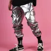Pantalones para hombre Hombres Streetwear Hip Hop Punk Plata Cuero Masculino Brillante Metálico Pantalón Personalidad Harem Multi Bolsillo Cargo Ropa 231218