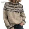 Kobiety swetry turtleeck kobiety vintage długie rękawie pullover dzianina szara moreli zima jacquard jumper ubrania żeńskie boho boho