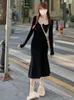 Casual Dresses Knit Women's Dress Doll Collar Elegant Long Sleeve Buttun Slim Female 2023 Autumn Winter Fashion Ruffle Midi Lady Robe