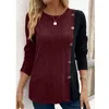 Dames T-shirts Kleding Herfst Winter Vintage Contrasterende kleur Knop Split Elegante T-shirts Casual O-hals Lange mouw Losse tuniek Tops