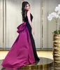 Classy Long Black Crepe Evening Dresses With Fuchsia Train/Bow Mermaid Square Collar Side Slit Sweep Train Prom Dress Party Dresses for Women