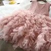 Abiti da ragazza Ragazza carina Abito con fiocco di fiori rosa per il compleanno Kid Estate Nuovi vestiti in tulle senza maniche Ragazza per bambini Festa di nozze Costume da principessa