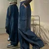 Женские джинсы Харадзюку Мешковатые женские осенне-зимние карманы на шнурке Джинсовые брюки-карго Женские хип-хоп Уличная одежда Ретро широкие брюки
