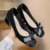 Dress Shoes Women Beautiful Chunky Heels Pumps Girl Rhinestone Bowknot High Sweet Wedding