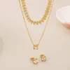 Necklace Earrings Set 2pcs/set Crystal Glass Stainless Steel Stud For Women Girl Gold Color Double Chain Party Wedding