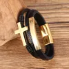 Punk Fashion Bangles Black Cross Inledande rostfritt stål vävt handgjorda läderarmband Charms Golden Mens Letter Jewelry12511