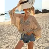 Roupa de banho feminina verão praia fora tomar blusa cover-ups para férias de malha oco para fora biquíni maiô proteção solar topos