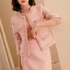 Two Piece Dres Plaid Short Set Autumn Pink White Slim Tweed Jacka Half kjol Kvinnlig Twopiece Suits 231218