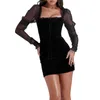 Casual Dresses Women Y2k Lace Frills Sheer Mesh Mini Dress Tie-Up Velvet Corset Solid Color Square Neck Long Sleeve Bodycon