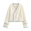 سترات نسائية Yenkye Women Patchwork Short Scend Cross v Neck Long Sleeve Female Louge Coat