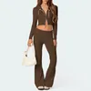 Tweedelige damesbroek Hirigin damesgebreide set Y2K cropped hoodie met lange mouwen, rits en laagbouw flare-legging jogger loungewear