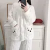 Women's Sleepwear Cute Women Pajamas Set Winter Fleece 2 Piece Pant Pocket Home Suit Fluffy Piiama Warm Button Fashion Night Wear 2023