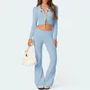 Women's Two Piece Pants Hirigin Women Knit Set Y2k Long Sleeve Zip Up Crop Hoodie And Low Rise Flare Leggings Jogger Loungewear