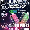 Fluum Box Digital 15000 Puffs Vape Jetable E Cigarettes Puff 15k 0% 2% 5% 25ml Pod prérempli Bobine de maille 650mah Batterie rechargeable Vapers Pen