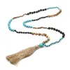 Pendant Necklaces YUOKIAA 108 Natural Black Lava Volcano Stones&Blue Pine&Drawing Stones Mixed With Silk Khaki Tassel Long Necklace Jewelry