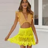 Kleider Cc Candy Farbe handgemachte Häkelarbeit Krawatte Rock Frauen hohe Taille Minikleid Damen Sommer Strand Bikini Bottoms aushöhlen Cover-Ups