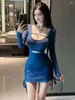 Robes décontractées Mini Tops Cordon Robe bleue Sexy Fille épicée à manches longues Creux Slim Femmes élégantes coréennes 7RKH