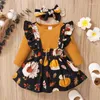 Zestawy odzieży Halloween Born Girl Strój Załoga Długie rękawie Listy dyniowe Drukuj patchwork Romper Dress z opaską na głowę trzyczęściowe 0-18m