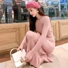 Casual klänningar koreansk stil elegant stickad klänning kvinnor höst vinter rosa tröja o-hals långärmad ruffles stickad sjöjungfru bodycon