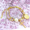 14k Yellow Gold Layered Golden Pendant Bracelet for Women Retro Punk Gothic Portrait Coin Cross Pearl Jewelry
