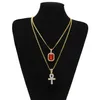 Ankh egipcio llave de la vida Bling Rhinestone Cruz colgante con rubí rojo colgante collar conjunto hombres Hip Hop Jewelry2477